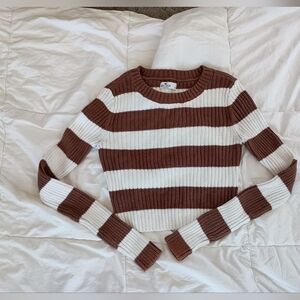 Hollister Brown and White Striped Crew Neck Sweater